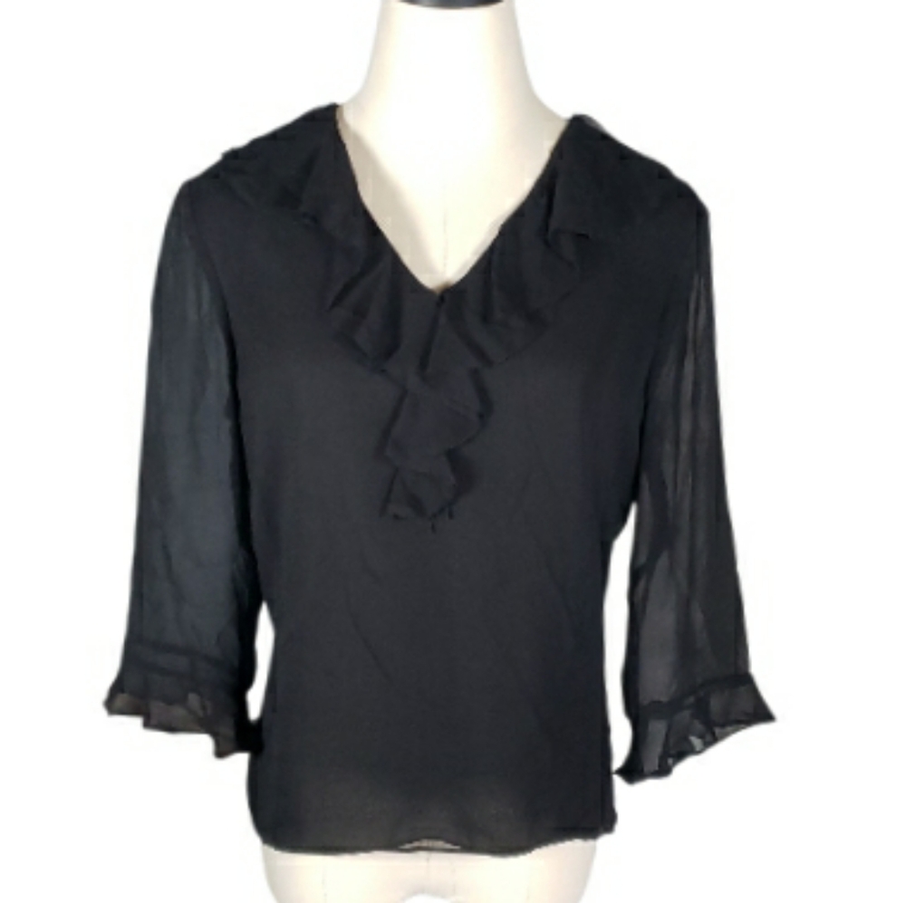 Vintage Black Silk 12 Ruffleneck Front Side Zip Sheer Blouse Top Eve Cocktail Y2